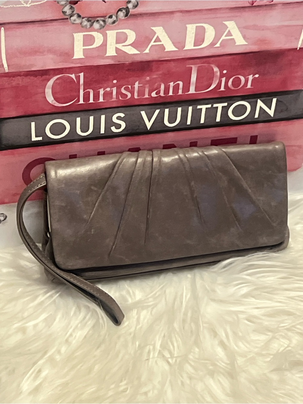 HOBO distressed Taupe Brown Leather Clutch or wristlet with kiss luck